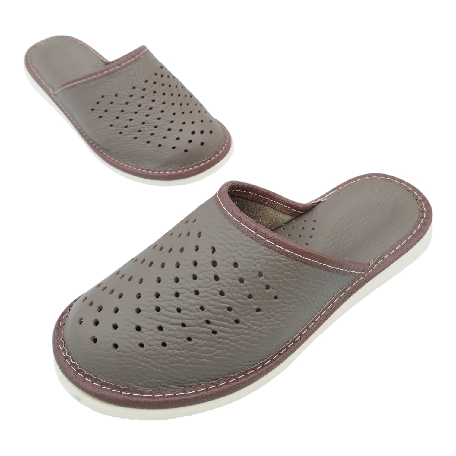 Kapcie damskie skórzane khaki zakryte kropki - obrazek 2