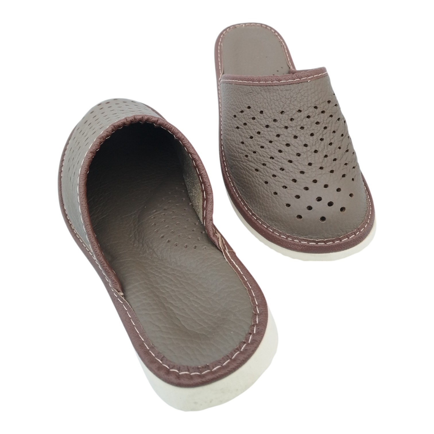 Kapcie damskie skórzane khaki zakryte kropki - obrazek 4